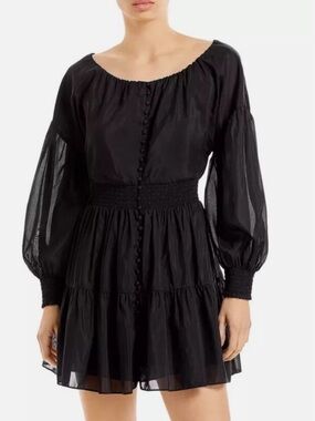 Alice + Olivia Mini Dress Black Silk-Blend Tiered Long Sleeve size 4